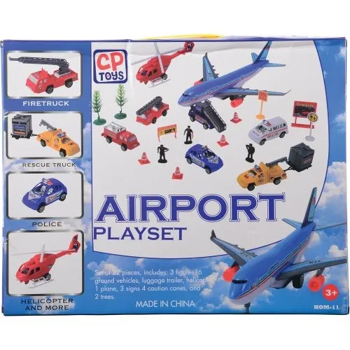 24-Piece Airport Playset with Vehicles, Helicopter, Airplane & Accessories