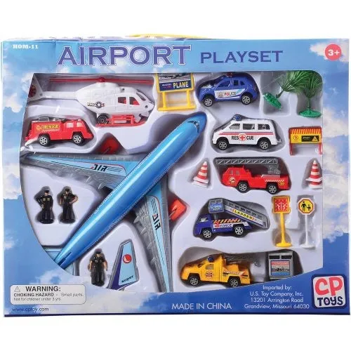 24-Piece Airport Playset with Vehicles, Helicopter, Airplane & Accessories