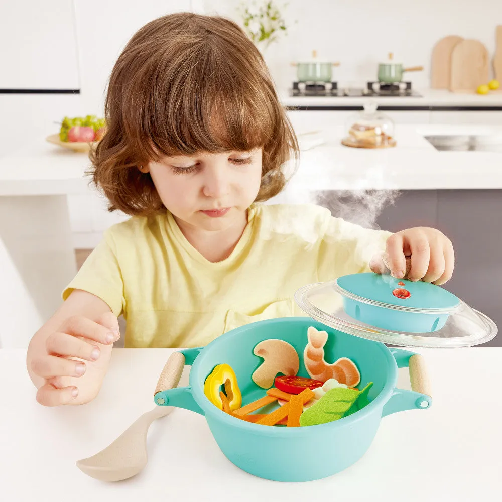 Hape Little Chef Teal Wooden Kitchen Playset - 9pc Cooking & Steam Set