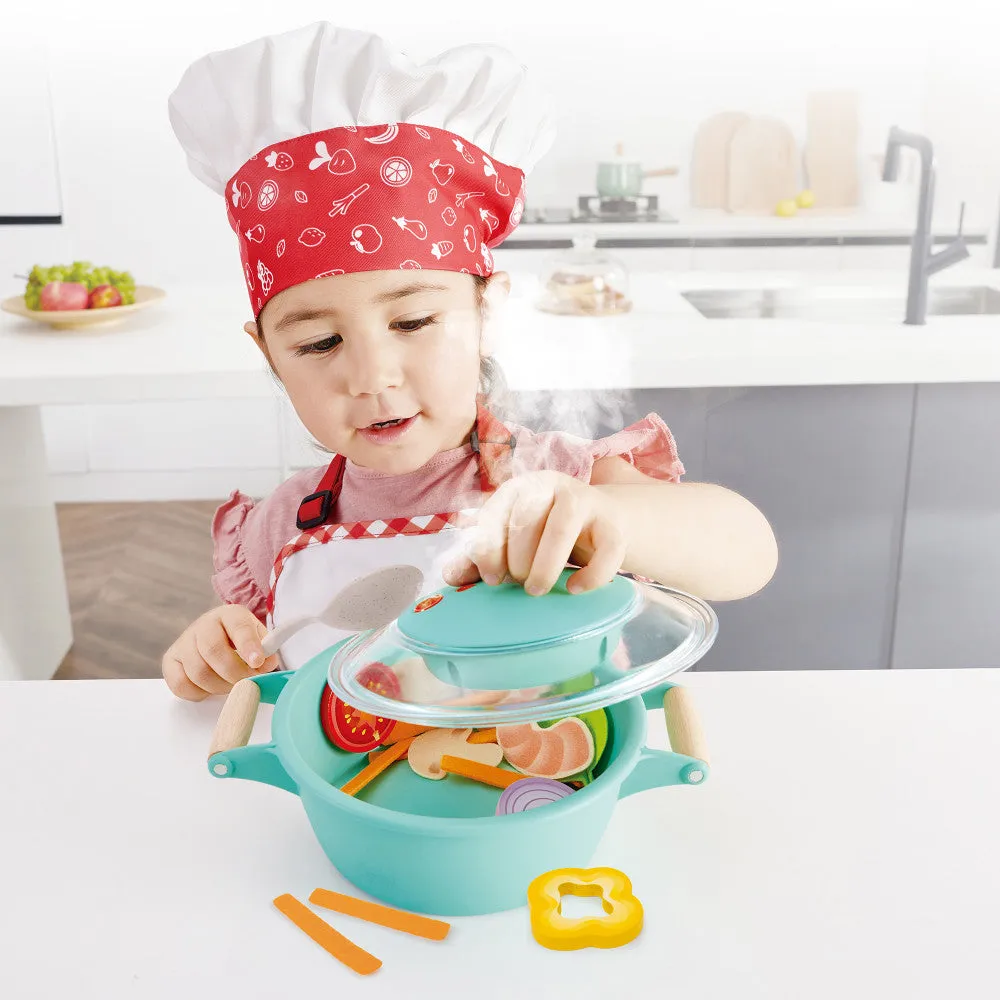 Hape Little Chef Teal Wooden Kitchen Playset - 9pc Cooking & Steam Set