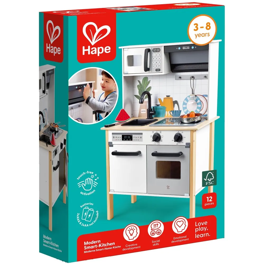Hape Modern Smart Kitchen Playset - Interactive White 12pc Set with Lights and Sounds