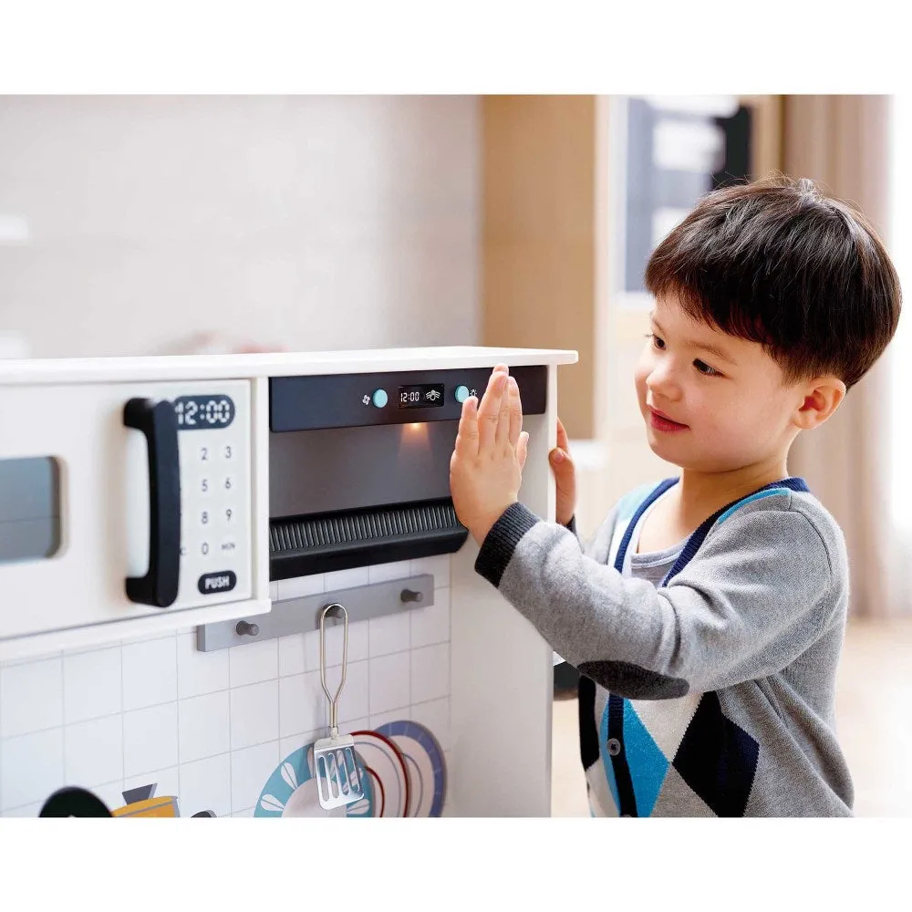 Hape Modern Smart Kitchen Playset - Interactive White 12pc Set with Lights and Sounds