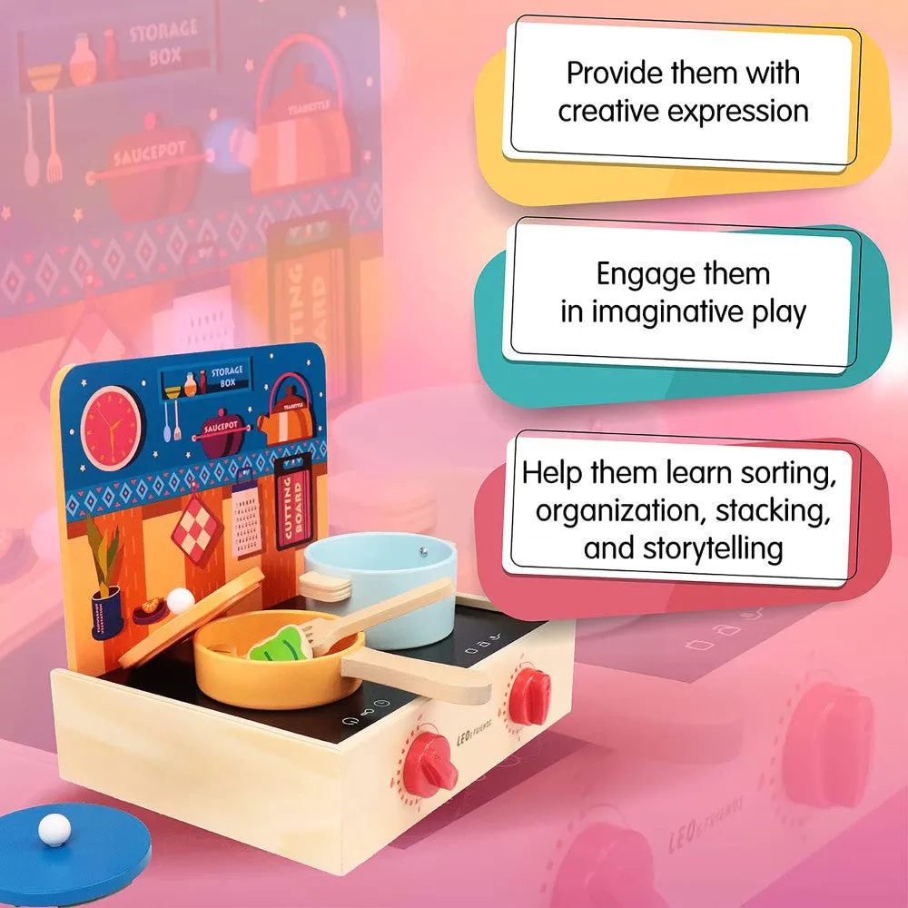 LEO & FRIENDS 2-In-1 Wooden Mini Kitchen Playset - 15pcs