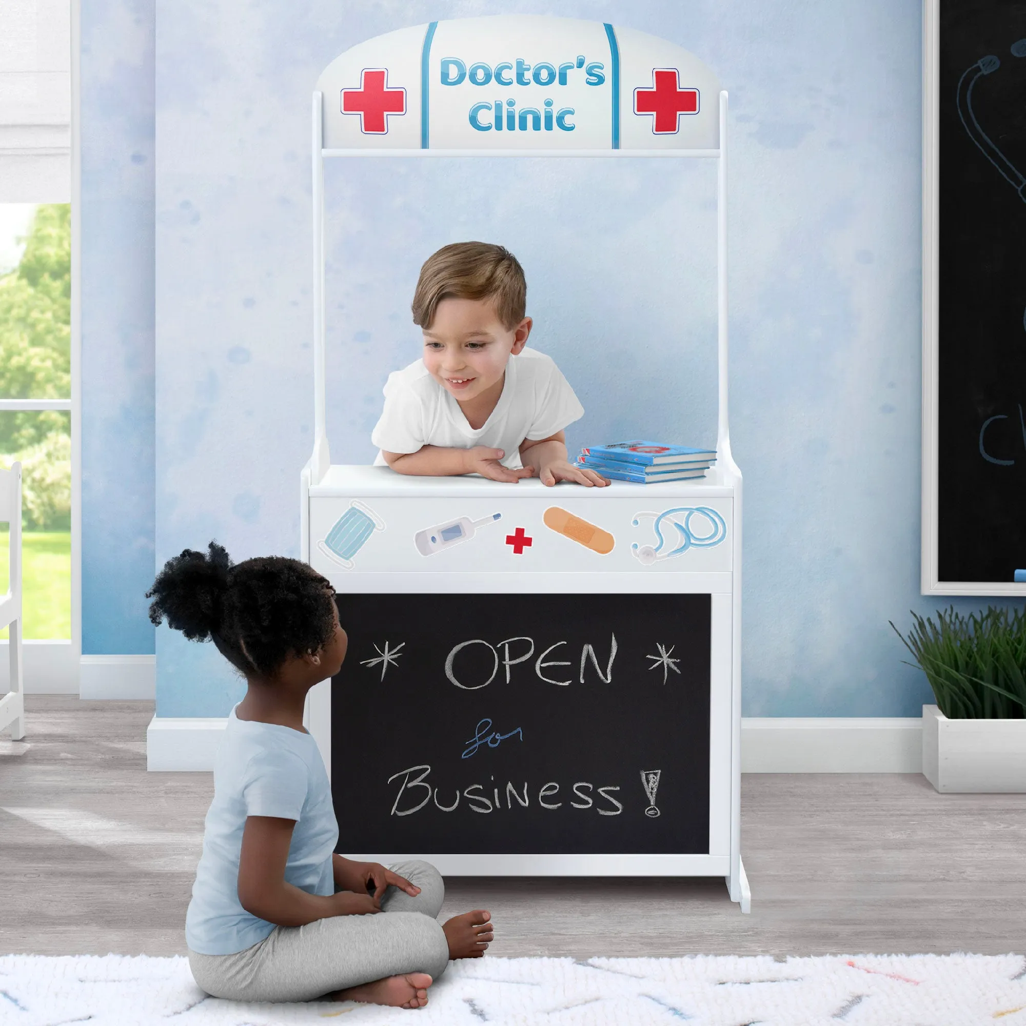 Reversible 4-in-1 Pretend Play Center with Chalkboard & Storage