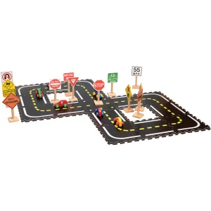 Road Builders Combo Set | 33-Piece Foam Roadway & Wooden Vehicle Playset