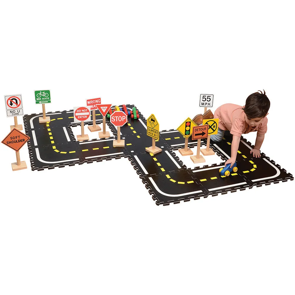 Road Builders Combo Set | 33-Piece Foam Roadway & Wooden Vehicle Playset