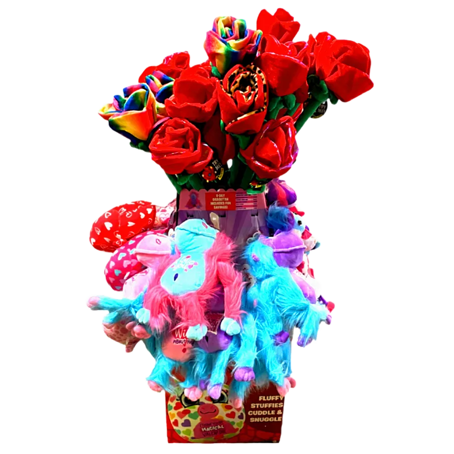 Valentine's Day Plush Rose Assortment Floor Display - 50 Pieces Per Retail Ready Display 88429